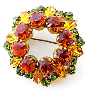 Austria 1950s Vintage Jewelry Fall Colors Diamante Circle Pin - Front