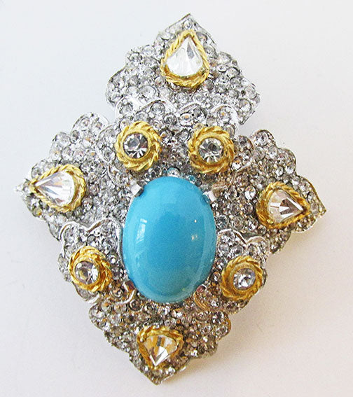 Cini Vintage Magnificent Mid Century Turquoise and Clear Rhinestone Pin