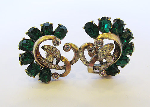 Vintage1940s Striking Vermeil Sterling Rhinestone Floral Earrings