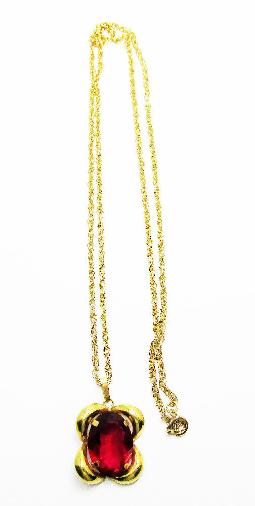 Lovely 1940s Mid-Century Red Diamante Gold Tone Sterling Pendant - Front