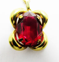 Lovely 1940s Mid-Century Red Diamante Gold Tone Sterling Pendant - Close Up - Thumbnail