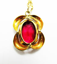 Lovely 1940s Mid-Century Red Diamante Gold Tone Sterling Pendant - Back - Thumbnail