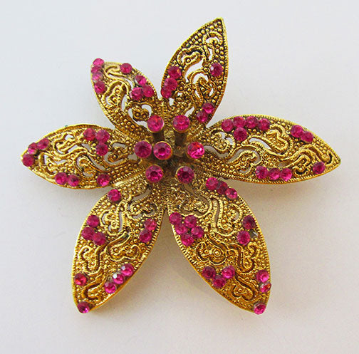 Vintage 1960s Distinctive Retro Fuchsia Rhinestone Floral Pin