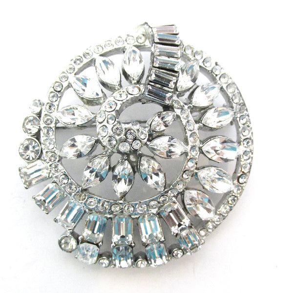 Vintage 1950s Distinctive Clear Rhinestone Floral Circular Pin - Front