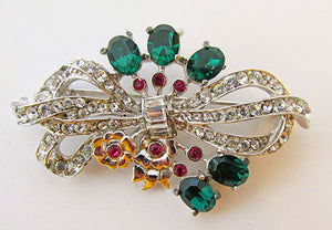 Vintage 1950s Dazzling Rhinestone Emerald and Fuchsia Floral Pin