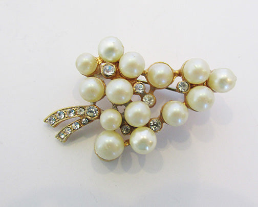 Vintage 1960s Striking Contemporary Pearl and Rhinestone Leaf Pin