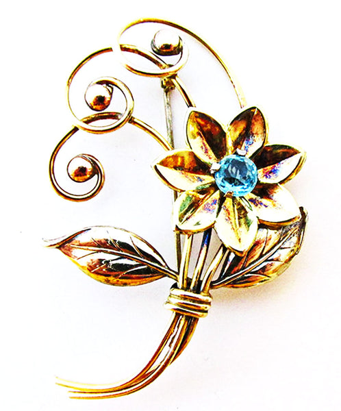 Harry Iskin 1940 Vintage Jewelry Gold Filled Diamante Floral Spray Pin - Front