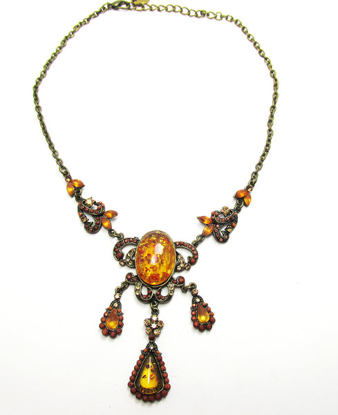 Jewelry Vintage 1990s Rhinestone, Carnelian, and Amber Necklace - Front