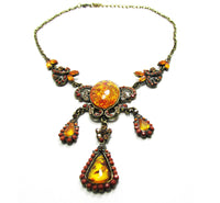 Jewelry Vintage 1990s Rhinestone, Carnelian, and Amber Necklace - Front - Thumbnail