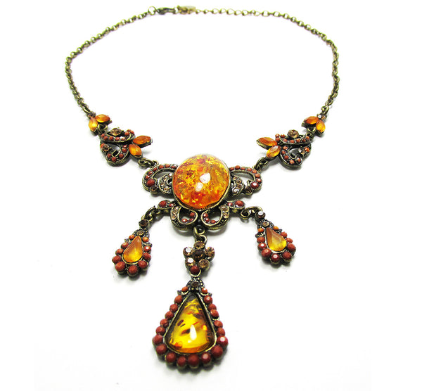 Jewelry Vintage 1990s Rhinestone, Carnelian, and Amber Necklace - Front
