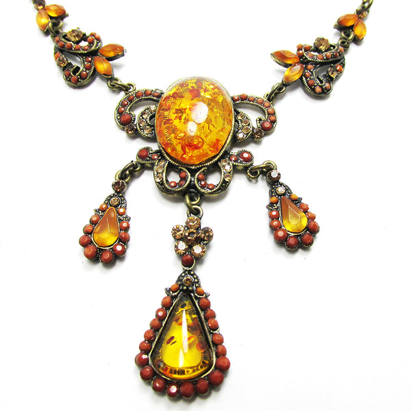 Jewelry Vintage 1990s Rhinestone, Carnelian, and Amber Necklace - Close Up