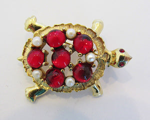 Sarah Coventry Vintage 1950s Whimsical Ruby Red and Pearl Turtle Pin