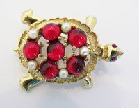 Sarah Coventry Vintage 1950s Whimsical Ruby Red and Pearl Turtle Pin - Thumbnail