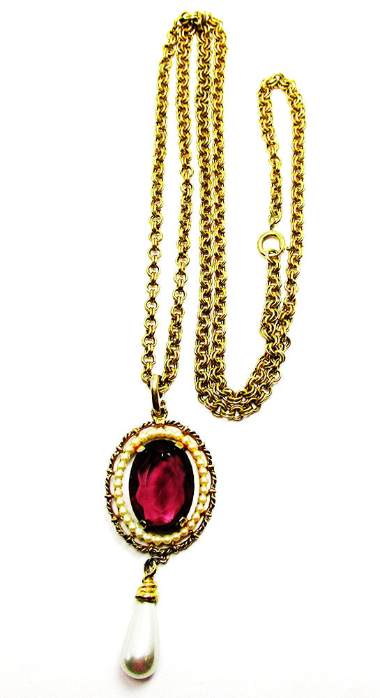 Avon 1960s Vintage Jewelry Gorgeous Amethyst and Pearl Drop Pendant - Front