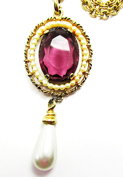 Avon 1960s Vintage Jewelry Gorgeous Amethyst and Pearl Drop Pendant - Close Up