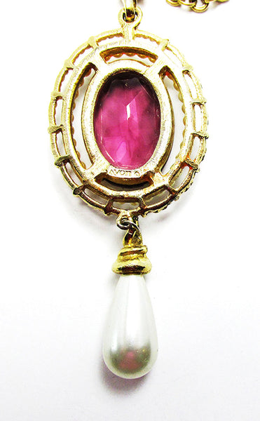 Avon 1960s Vintage Jewelry Gorgeous Amethyst and Pearl Drop Pendant - Back and Signature