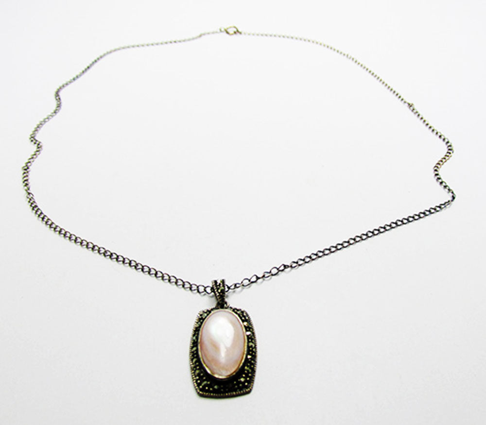 Vintage 1970s Jewelry Sterling Silver Marcasite Pendant Necklace - Front