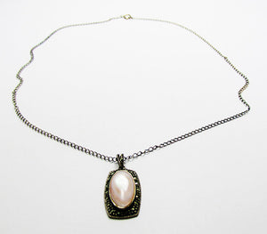 Vintage 1970s Jewelry Sterling Silver Marcasite Pendant Necklace - Front