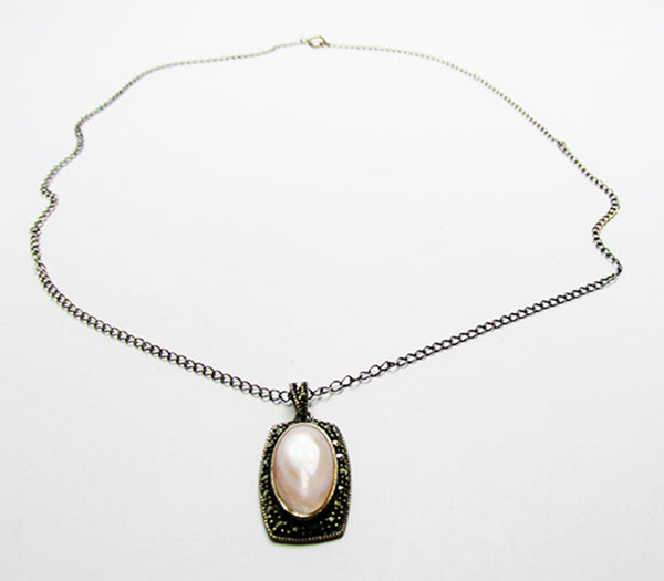 Vintage 1970s Jewelry Sterling Silver Marcasite Pendant Necklace - Front