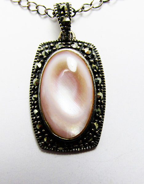 Vintage 1970s Jewelry Sterling Silver Marcasite Pendant Necklace - Close Up, Front