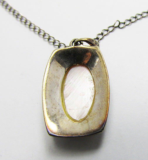Vintage 1970s Jewelry Sterling Silver Marcasite Pendant Necklace - Close Up, Back