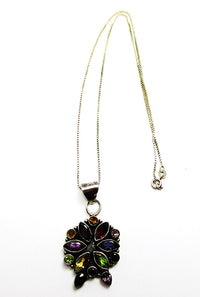 Vintage 1980s Contemporary Style Gemstone and Sterling Floral Pendant - Front - Thumbnail