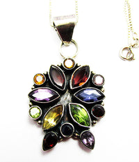 Vintage 1980s Contemporary Style Gemstone and Sterling Floral Pendant - Close Up - Thumbnail