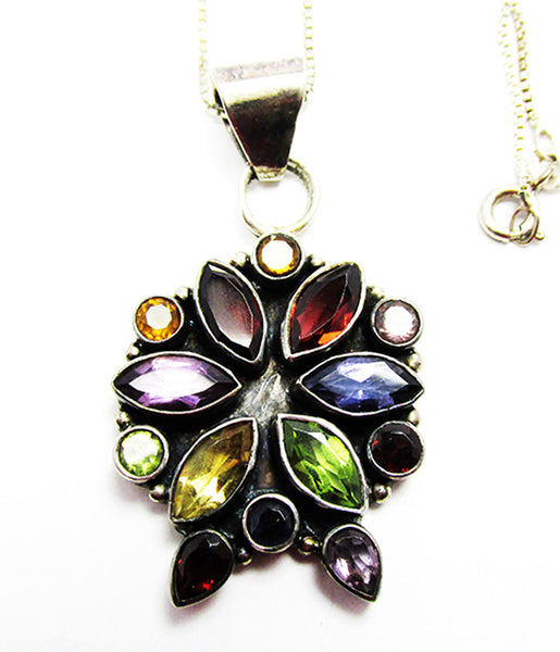 Vintage 1980s Contemporary Style Gemstone and Sterling Floral Pendant - Close Up