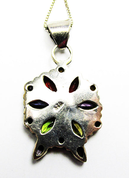 Vintage 1980s Contemporary Style Gemstone and Sterling Floral Pendant - Back