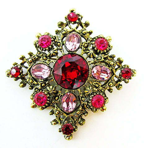 Vintage 1960s Spectacular Red, Lavender, and Fuchsia Diamante Pin - Front