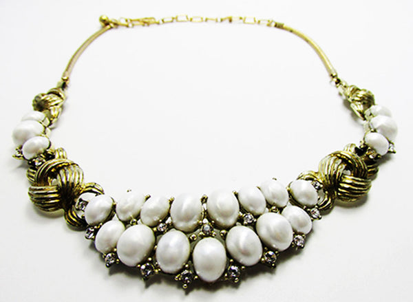 Coro 1950s Vintage Designer Bib Style Diamante and Pearl Necklace - Front