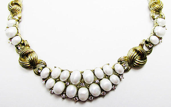 Coro 1950s Vintage Designer Bib Style Diamante and Pearl Necklace - Close Up