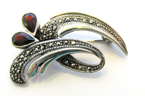 Vintage 1970s Contemporary Retro Gemstone and Marcasite Pin - Front