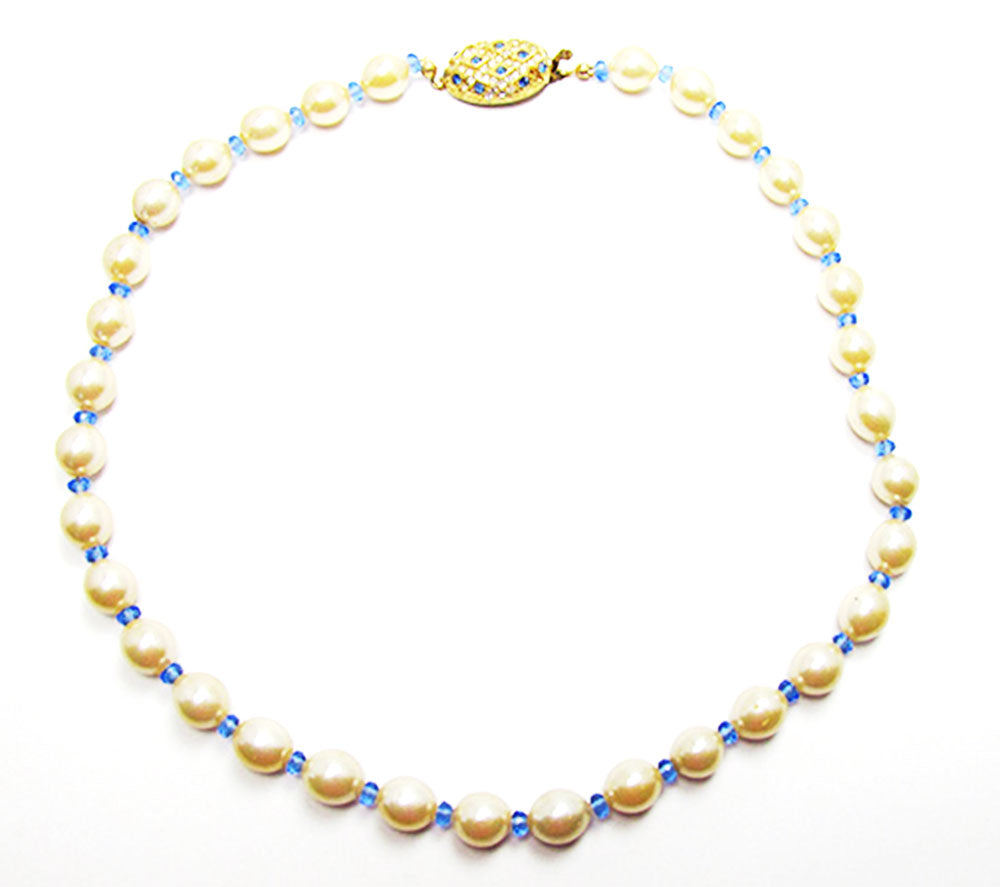 Vintage 1960s Costume Jewelry Pearl and Sapphire Diamante Necklace - Front