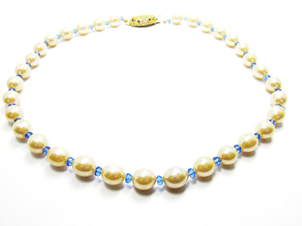 Vintage 1960s Costume Jewelry Pearl and Sapphire Diamante Necklace - Front