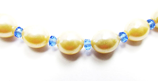 Vintage 1960s Costume Jewelry Pearl and Sapphire Diamante Necklace - Close Up