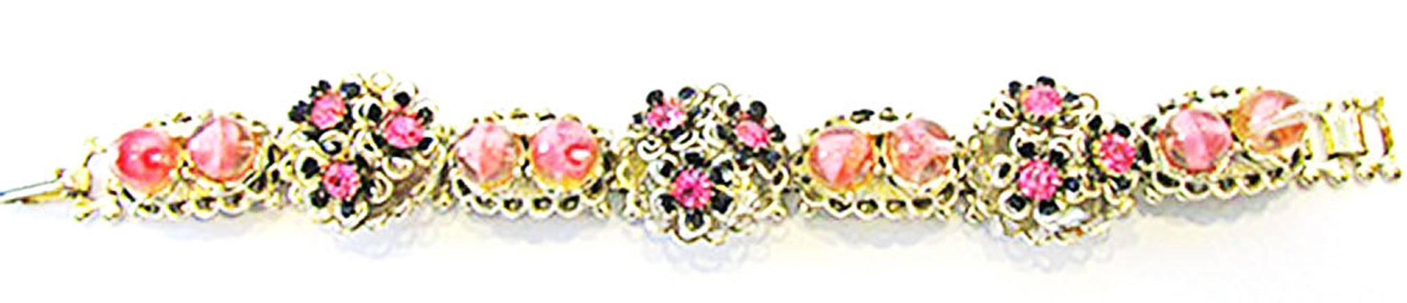 Striking Vintage Jewelry 1950s Diamante and Art Bead Floral Bracelet - Front