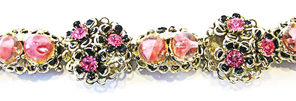 Striking Vintage Jewelry 1950s Diamante and Art Bead Floral Bracelet - Close Up