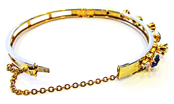 Vintage Jewelry Exceptional 1950s Sapphire Diamante Cuff Bracelet - Closure and Safety Chain