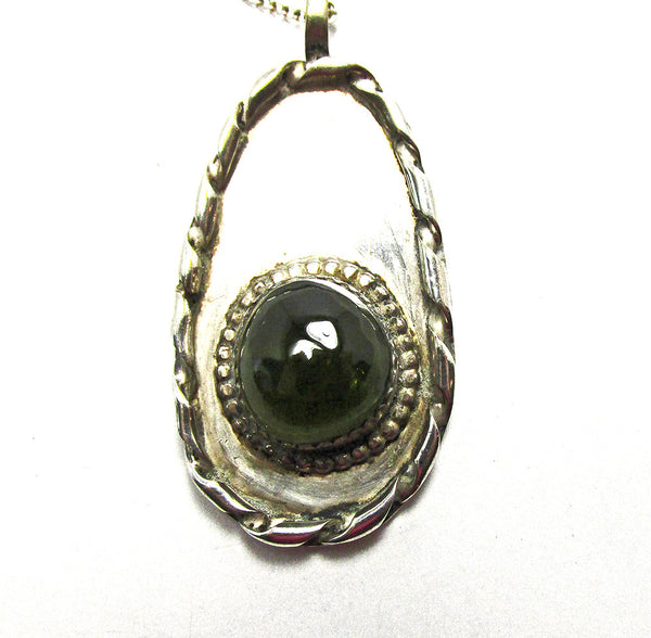Vintage Mid-Century Native American Tourmaline and Silver Pendant - Close Up