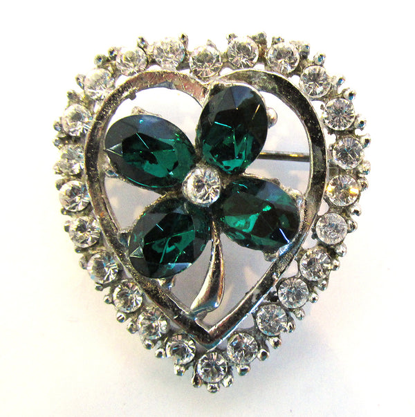 Vintage 1950s Mid-Century Diamante Four Leaf Clover Heart Pin - Front