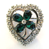 Vintage 1950s Mid-Century Diamante Four Leaf Clover Heart Pin - Front - Thumbnail