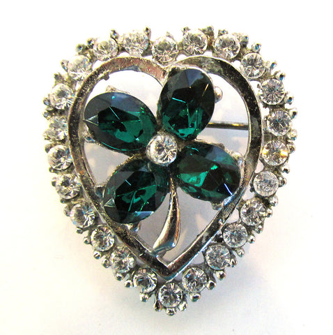 Vintage 1950s Mid-Century Diamante Four Leaf Clover Heart Pin - Front