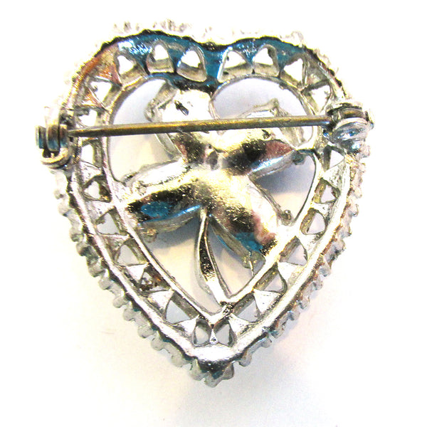 Vintage 1950s Mid-Century Diamante Four Leaf Clover Heart Pin - Back