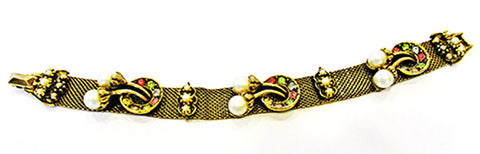 Vintage 1940s Multi-Colored Diamante and Pearl Mesh Bracelet - Front