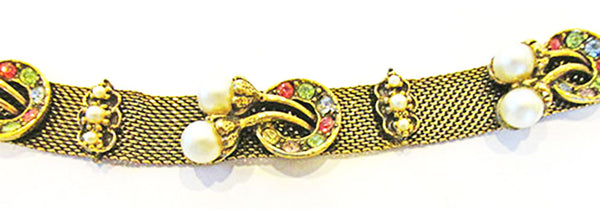Vintage 1940s Multi-Colored Diamante and Pearl Mesh Bracelet - Close Up