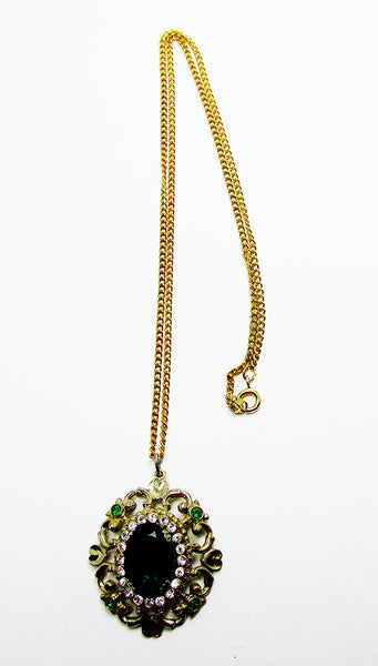 Vintage 1950s Mid-Century Eye-Catching Emerald Diamante Pendant - Front