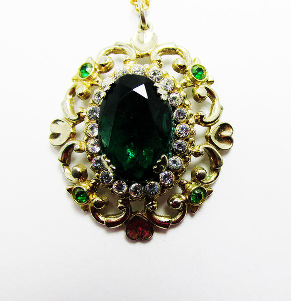 Vintage 1950s Mid-Century Eye-Catching Emerald Diamante Pendant - Close Up