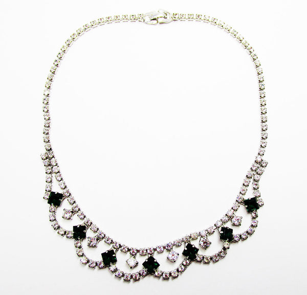 Vintage 1950s Mid-Century Emerald and Clear Diamante Festoon Necklace - Front