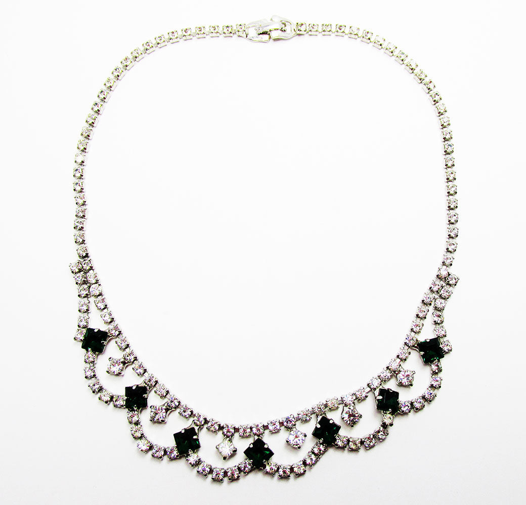 Vintage 1950s Mid-Century Emerald and Clear Diamante Festoon Necklace - Front